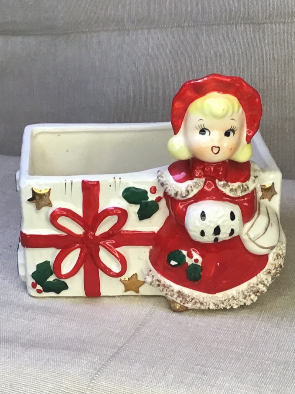 Mid-Century Modern Relco Rare Holiday Caroling Lady w/ Muff Planter. From 50’s.